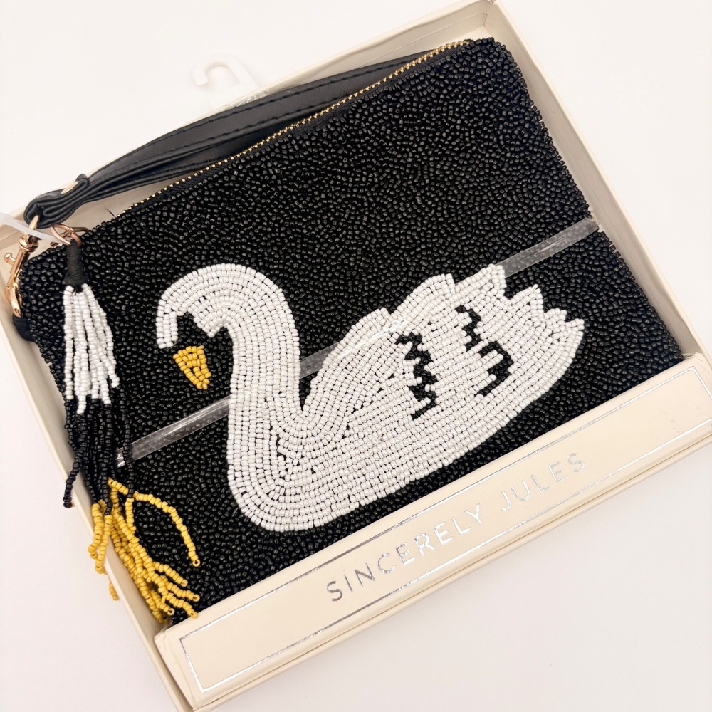 Sincerely Jules Black Beaded Swan Wristlet Clutch Bag with Tassel New in Box